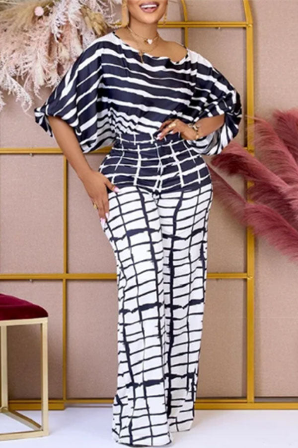 storexq Striped Puff Sleeve Laid Back Wide Leg Pant Suit