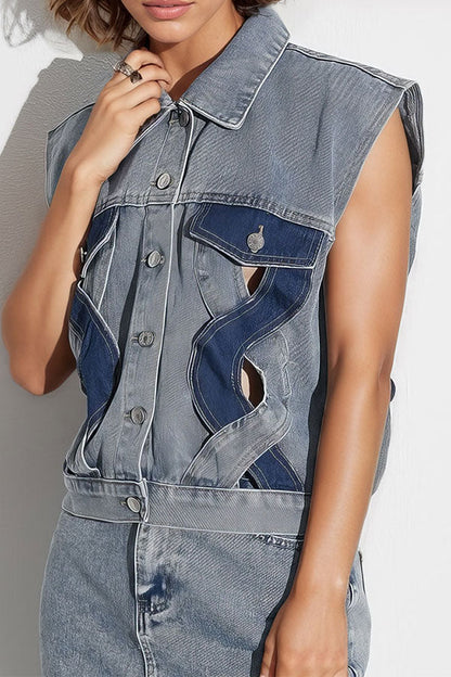 storexq Color Block Patchwork Cutout Smart Denim Gilet