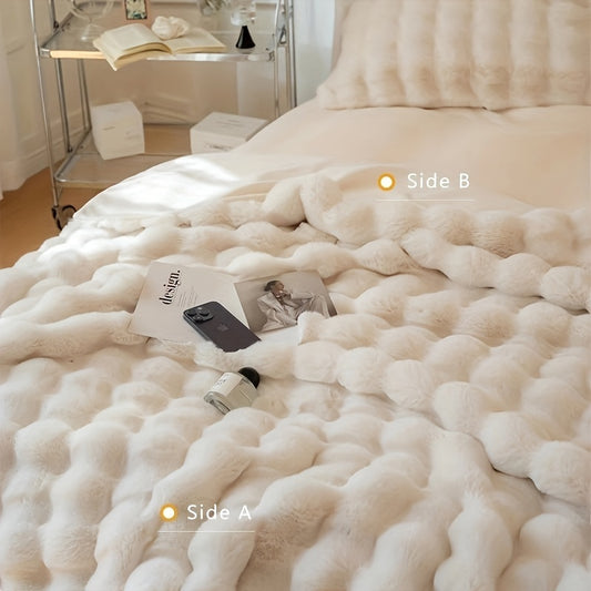 1pc Decorative Soft Thick Fuzzy Faux Rabbit Fur Throw Blanket For Couch Sofa, Reversible Plush Warm Fleece Fluffy Blanket For Winter, Luxury Cute Cozy Furry Blanket For Bed, Cream White