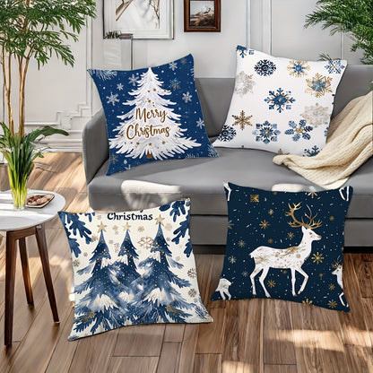 Contemporary Christmas Throw Pillow Covers Set of 4, Hand Washable Blue Polyester Decorative Pillowcases with Zipper Closure, Woven Elk, Christmas Tree, Snowflake Print Cushion Covers for Sofa, Bedroom Decor - 18x18 Inches (Pillow Inserts Not Included)