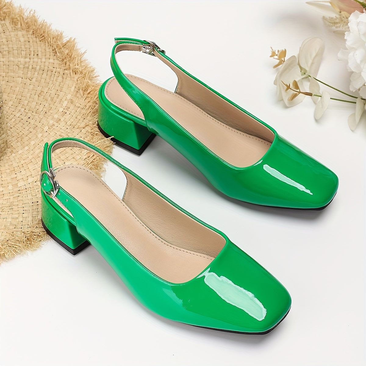 Exquisite Slingback Block Heel Pumps - Elevate Your Style with Squared Toe, Ankle Buckle, Versatile Summer Shoes for Women, Perfect for Dressy Occasions and Everyday Wear