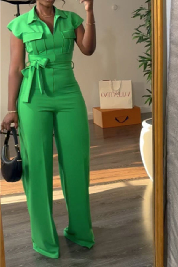 storexq Solid Color Casual Belted Wide Leg Jumpsuit