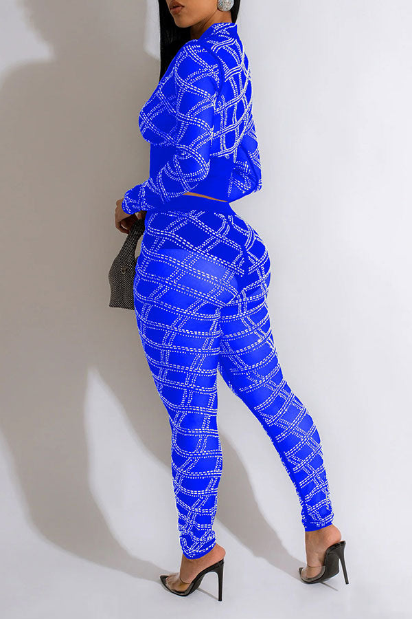 storexq Rhinestone Patchwork On-trend See-Through Pant Suit