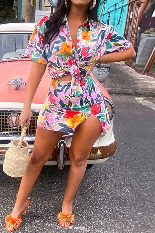 storexq Floral Print Tropical Side Split Skirt Suit