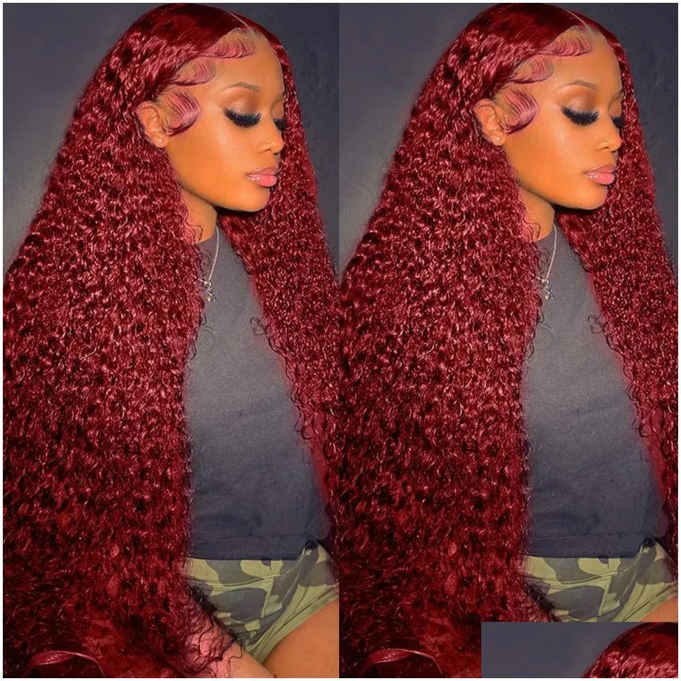 Synthetic Wigs Brazilian Hair Deep Wave Wig Bury Red Lace Front 13X4 Hd Frontal 360 Fl Curlywig Pre Plucked Drop Delivery Products Otxfz