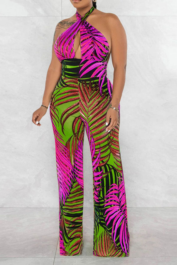 storexq Leaf Print Tropical Backless Lace-Up Jumpsuit