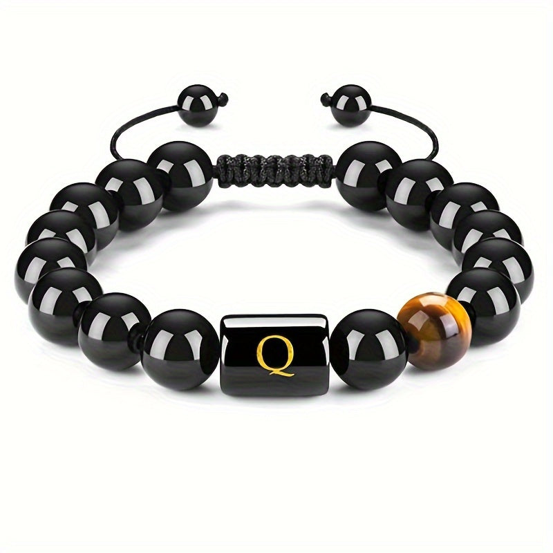 1pc Stunning 26-Letter 10MM Synthetic Stone Bead Adjustable Rope Chain Woven Bracelet - Fashionable Accessory for Men and Women - Ideal Gift for Friends and Family - Durable and Comfortable to Wear