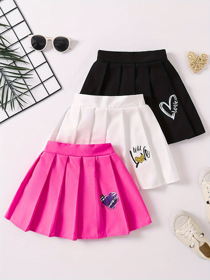 3pcs Girls Heart Graphic Pleated Skirt Set Preppy Style Party Gift