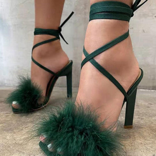 storexq Feather Decor Solid Color Party Strappy Sandals