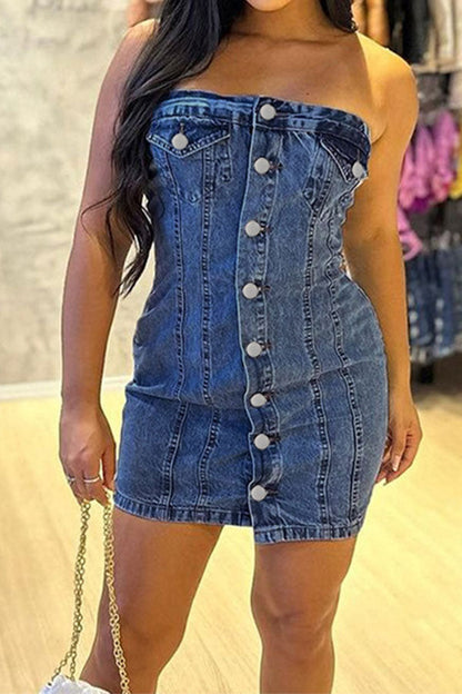 namcoverse Washed Denim On-trend Bandeau Mini Dress