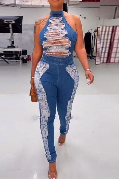 storexq Halter Collar Ripped Stylish Denim Jumpsuit