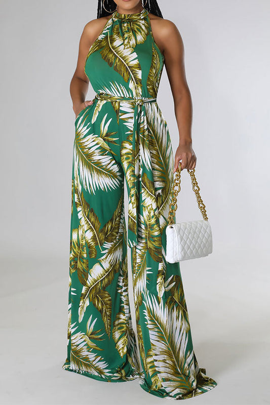 storexq Leaf Print Elegant Belted Wide Leg Jumpsuit