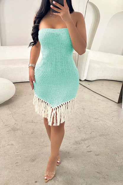 storexq Color Block Flattering Tassel Irregular Mini Dress