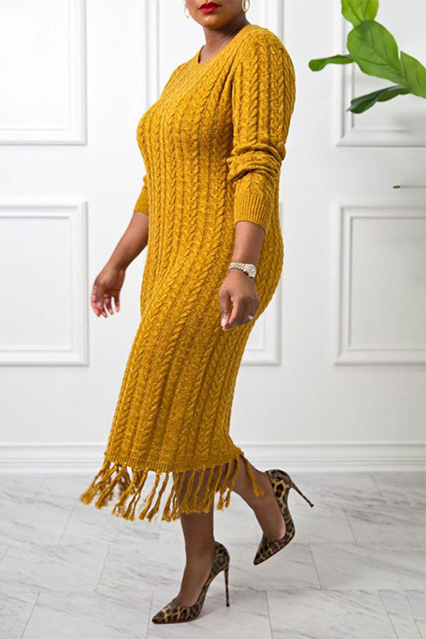 namcoverse Solid Color Twist Knit Laid Back Tassel Midi Dress