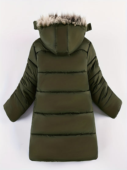 Boys Winter Hooded Long Coat With Fur Collar, Light Warm Jacket Cute Hooded Outerwear