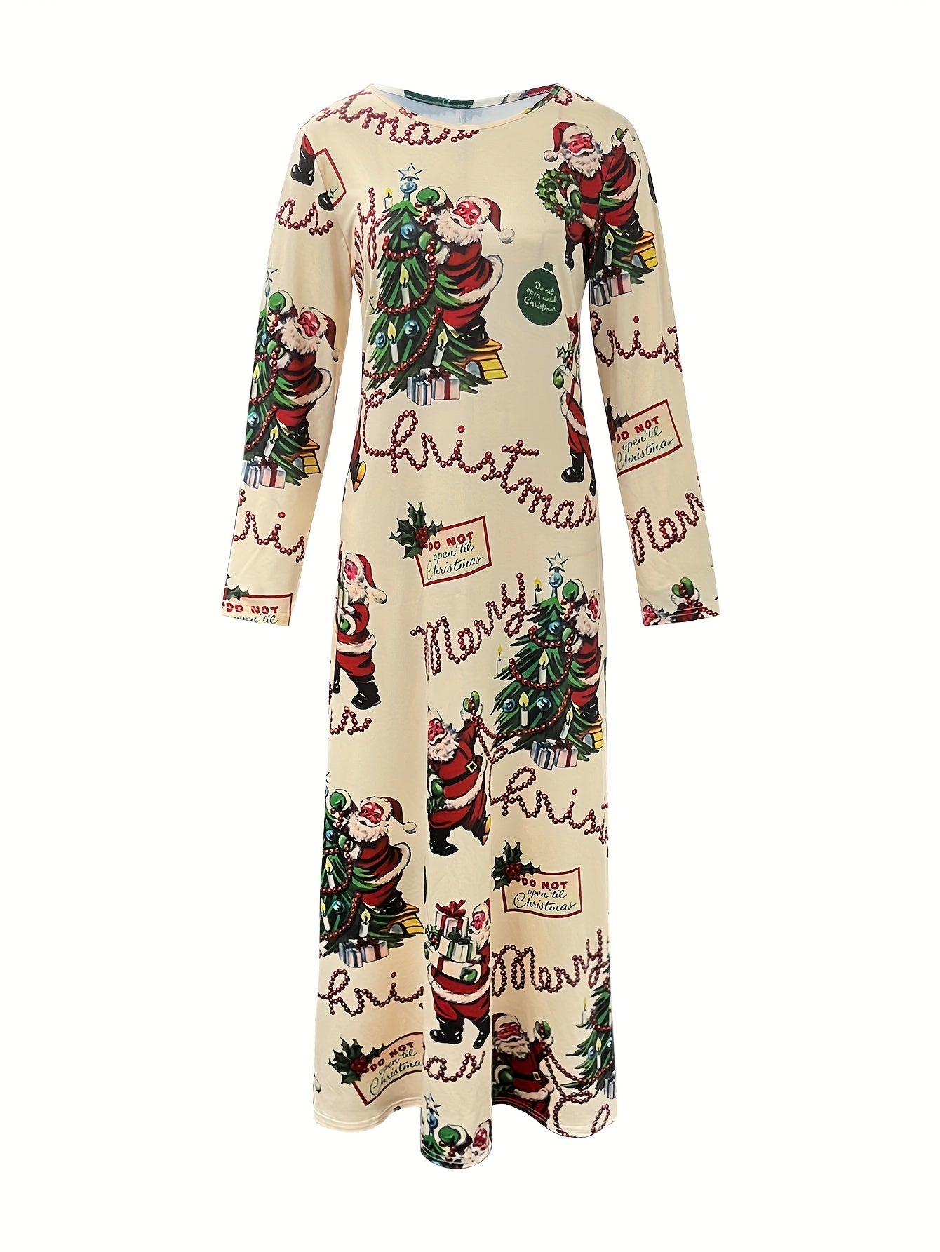 Vintage-Inspired Women's Long Sleeve Swing Dress - Festive Holiday Print, Round Neckline, Polyester and Spandex Knit Fabric, Elegant Autumn/Winter Season Dress