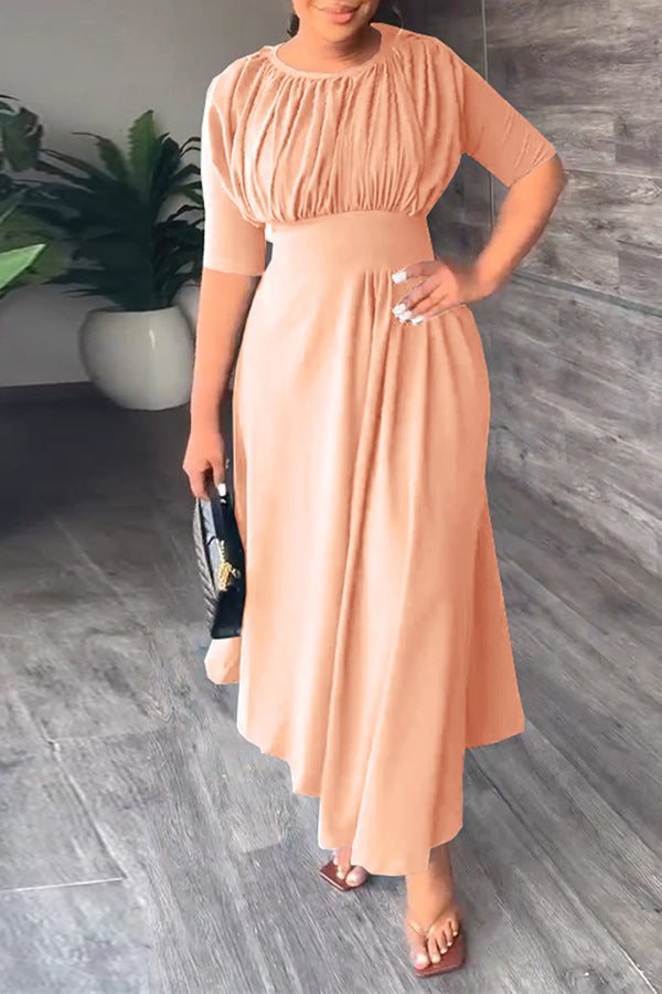 storexq Solid Color Stunning Pleated Detail Irregular Hem Midi Dress