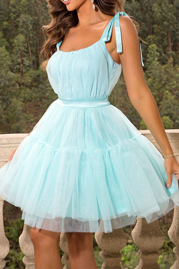 storexq Solid Color Tie Shoulder Girly Tulle Bubble Mini Dress