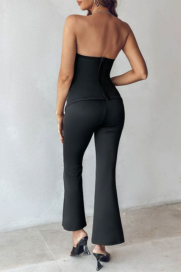 storexq Solid Color Irregular Strapless Flattering Bow Decor Pant Suit