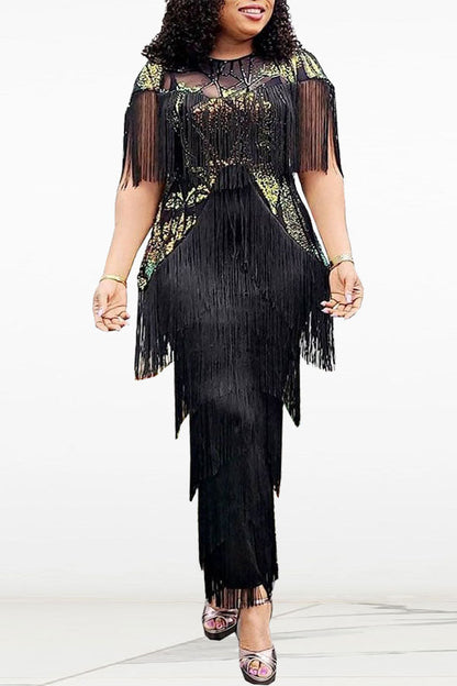 storexq Sequined Party Tiered Tassel Maxi Dress