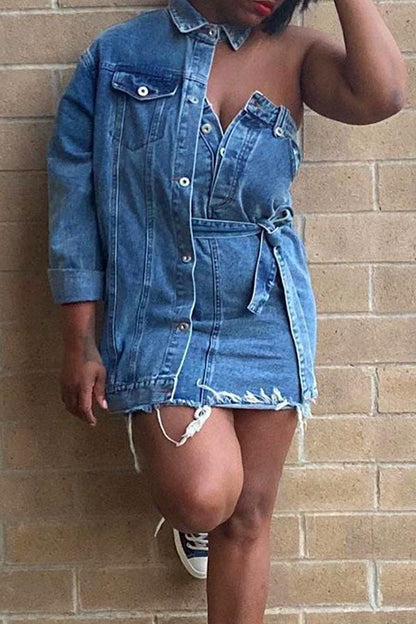 namcoverse Solid Color Chic Asymmetric Lace-Up Denim Mini Dress