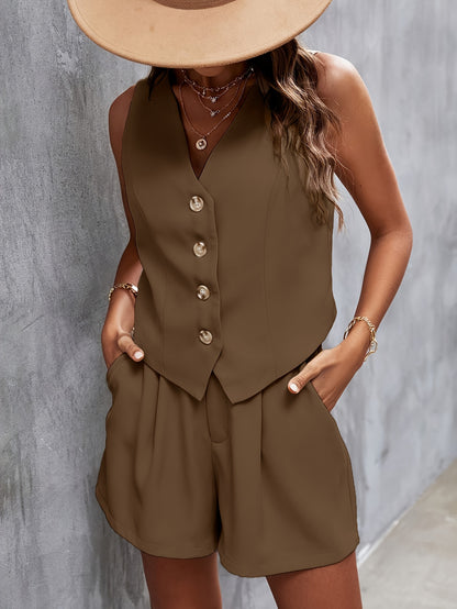 V Neck Sleeveless Suit Vest & Loose Pintuck Shorts Set - Elegant Polyester Solid Color Casual Wear for Women - No Elasticity, Woven, V Neckline, Slant Pocket, Button Front, and Sleeveless Design