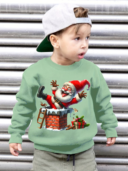 Boys' Cozy Fleece-Lined Christmas Sweatshirt with Santa & Chimney Print - Casual Long Sleeve Pullover for Fall/Winter