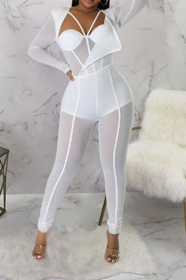 storexq Solid Color Smart See-Through Jumpsuit