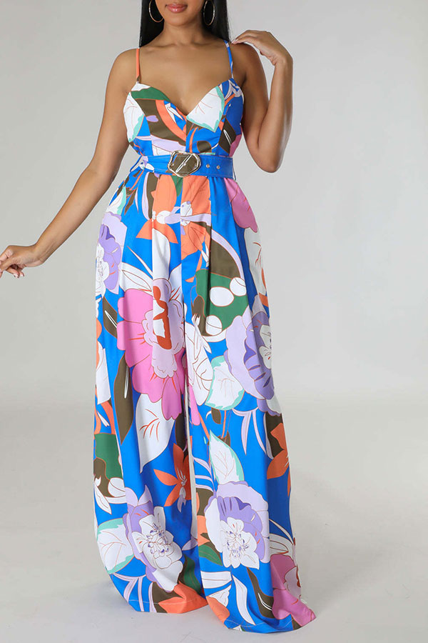 storexq Flower Print Smart Belted Wide Leg Jumpsuit