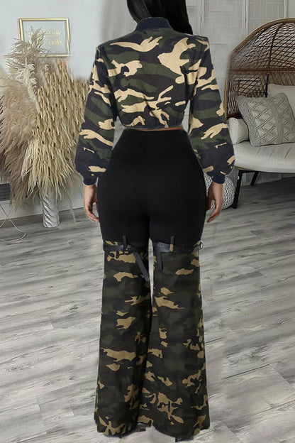 storexq Camouflage Stylish Buckled Pocket Belt Decor Pant Suit