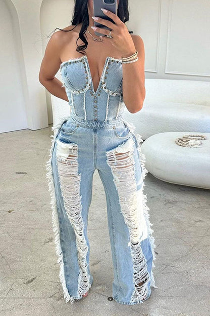 storexq Rivet Decor Undeniable Ripped Burrs Denim Jumpsuit