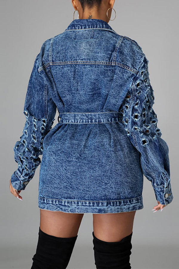 namcoverse Blue Stylish Cutout Belted Denim Mini Dress