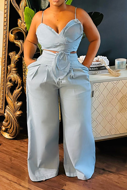 storexq Solid Color Denim Sleeveless Pretty Wide Leg Pant Suit