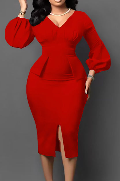 namcoverse Solid Color Elegant High Split Puff Sleeve Midi Dress