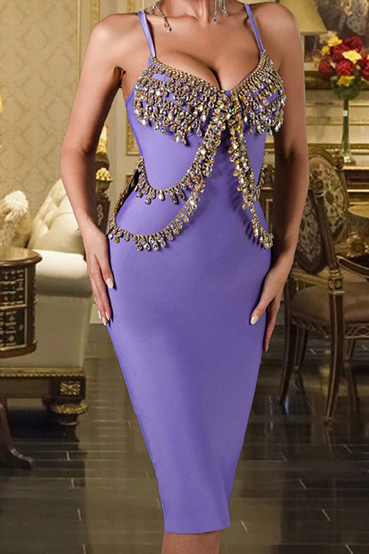 storexq Purple Pretty Rhinestone Midi Dress