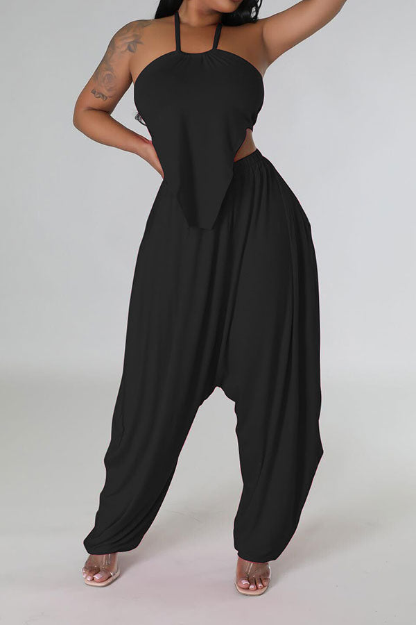 storexq Solid Color Hippy Lace-Up Harem Pant Suit