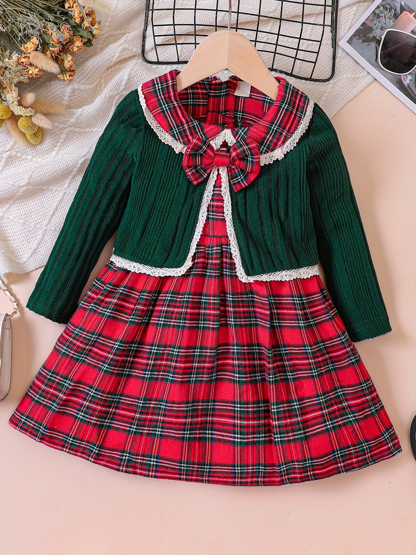 Girls 2pcs Christmas Sets Ribbed Knit Cardigan With Bow & Plaid Sleeveless Collar Dress Set For Christmas, outdoor Party, Fall