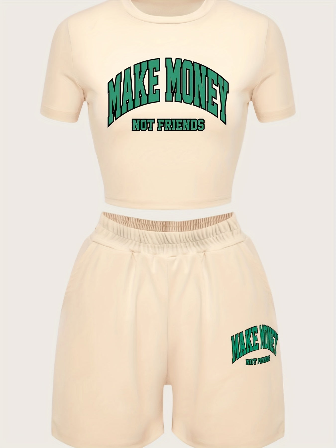 Casual Two-Piece Set - 'Make Money' Motif Cropped T-Shirt & Comfy Loose Shorts - Versatile Outfit for Women