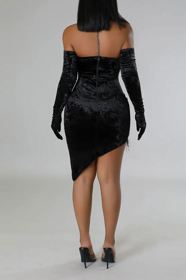 namcoverse Feather Trim Strapless Romantic Irregular Velvet Mini Dress (With Gloves)