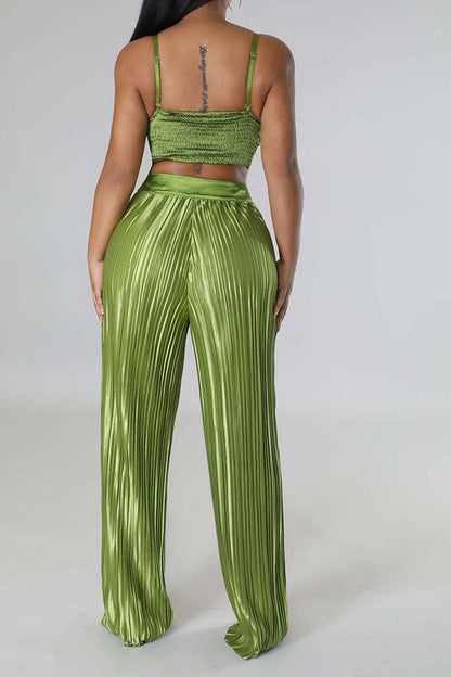 storexq Solid Color Patchwork Feminine Pleated Pant Suit