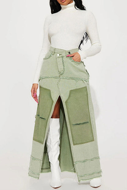 storexq Color Block Patchwork Unique High Split Denim Skirt