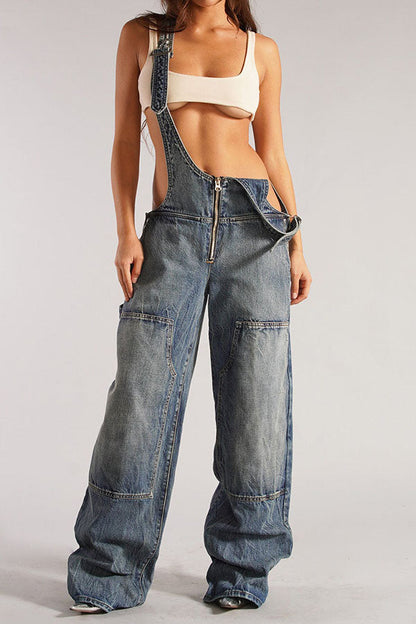 storexq Solid Color Chic Wide Leg Suspenders Jeans