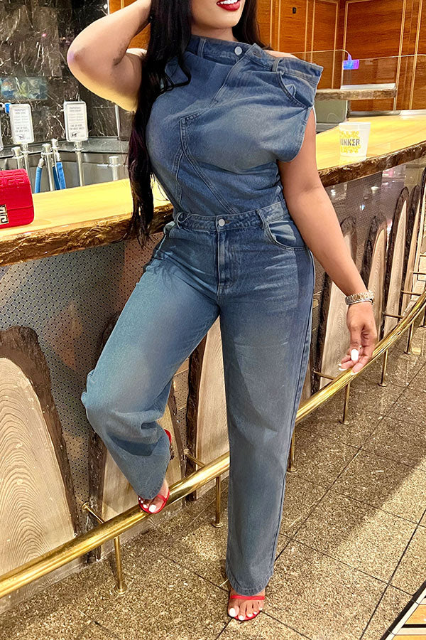 storexq Blue Unusual Belted Wide Leg Denim Pant Suit