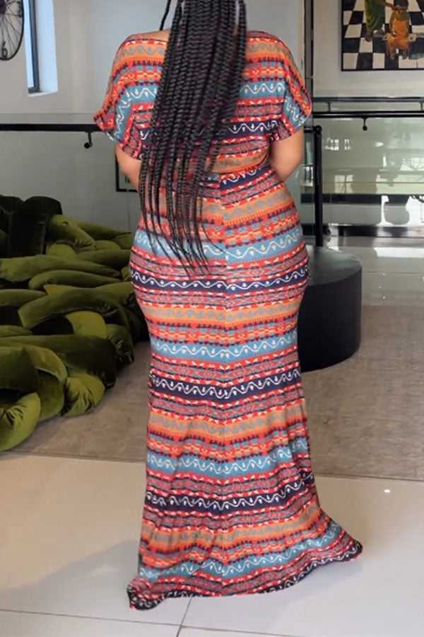 storexq Striped Tribal Print On-trend Irregular Maxi Dress