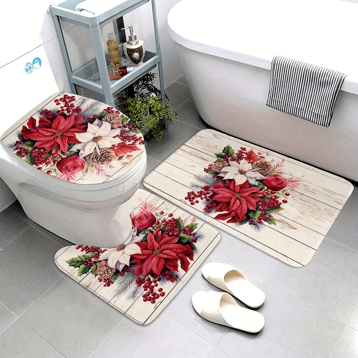 3pcs/set Christmas Flower Pine Cones Printed Floor Mat, Three-piece Bathroom Mat Set, Non-slip Mat, Water-absorbent Mat, Toilet Lid Mat, Toilet U-shaped Mat, Floor Rugs christmas decorations