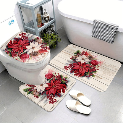 3pcs/set Christmas Flower Pine Cones Printed Floor Mat, Three-piece Bathroom Mat Set, Non-slip Mat, Water-absorbent Mat, Toilet Lid Mat, Toilet U-shaped Mat, Floor Rugs christmas decorations