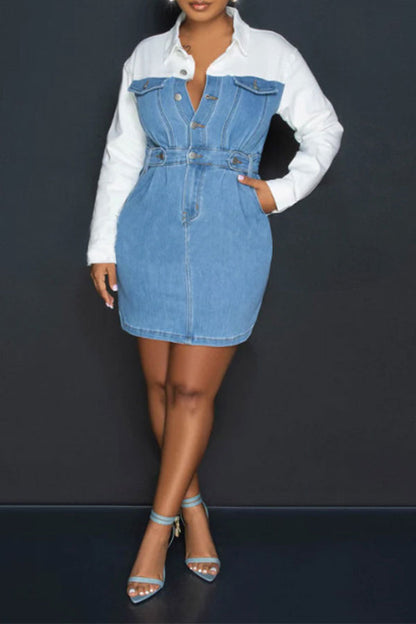 storexq Color Block Denim Patchwork On-trend Mini Dress