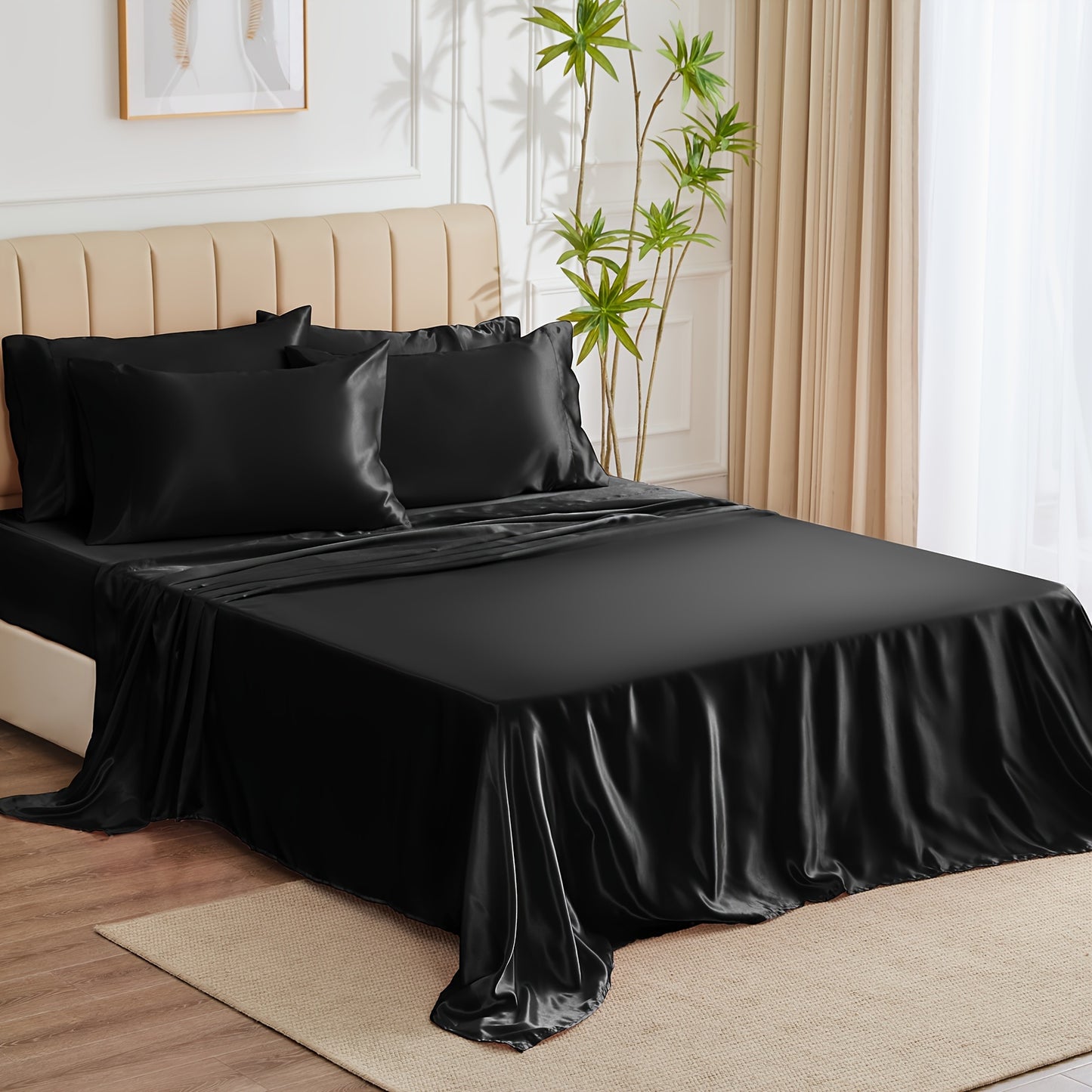 6-Piece Luxurious Satin Sheet Set - Soft, Silky Microfiber, Deep Pocket Fitted Sheet, Flat Sheet, 4 Pillowcases, Smooth, Breathable, Hypoallergenic, and Gentle on Skin