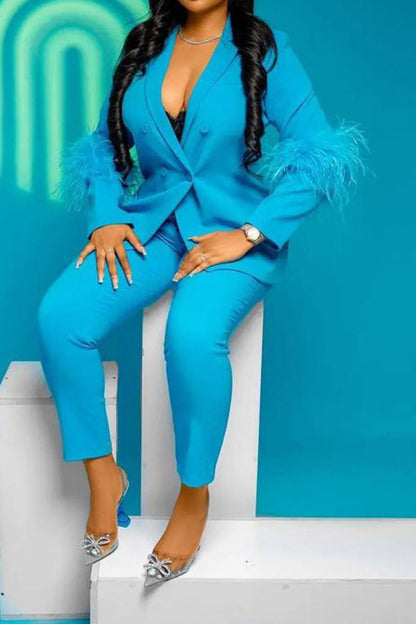 storexq Solid Color Feather Trim Stylish Pant Suit