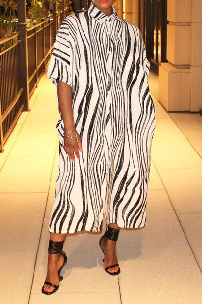 storexq Zebra Print Shirt Collar Casual Button Midi Dress